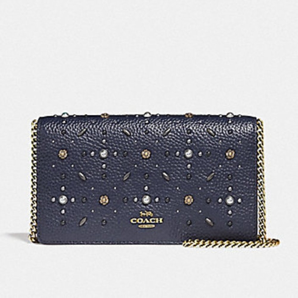 Coach Callie Foldover Chain Clutch with Prarie Rivets in Navy Blue